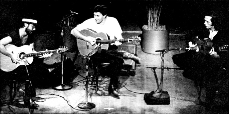 Landmark acoustic fusion, featuring McLaughlin, Al Di Meola, and Paco de Lucia, 1981.