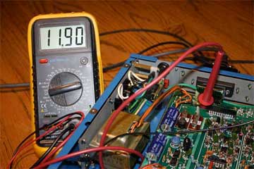 Measuring control line nine, synthesizer volume, with a guitar connected directly to a GR-300. The voltage reads 11.90 volts.