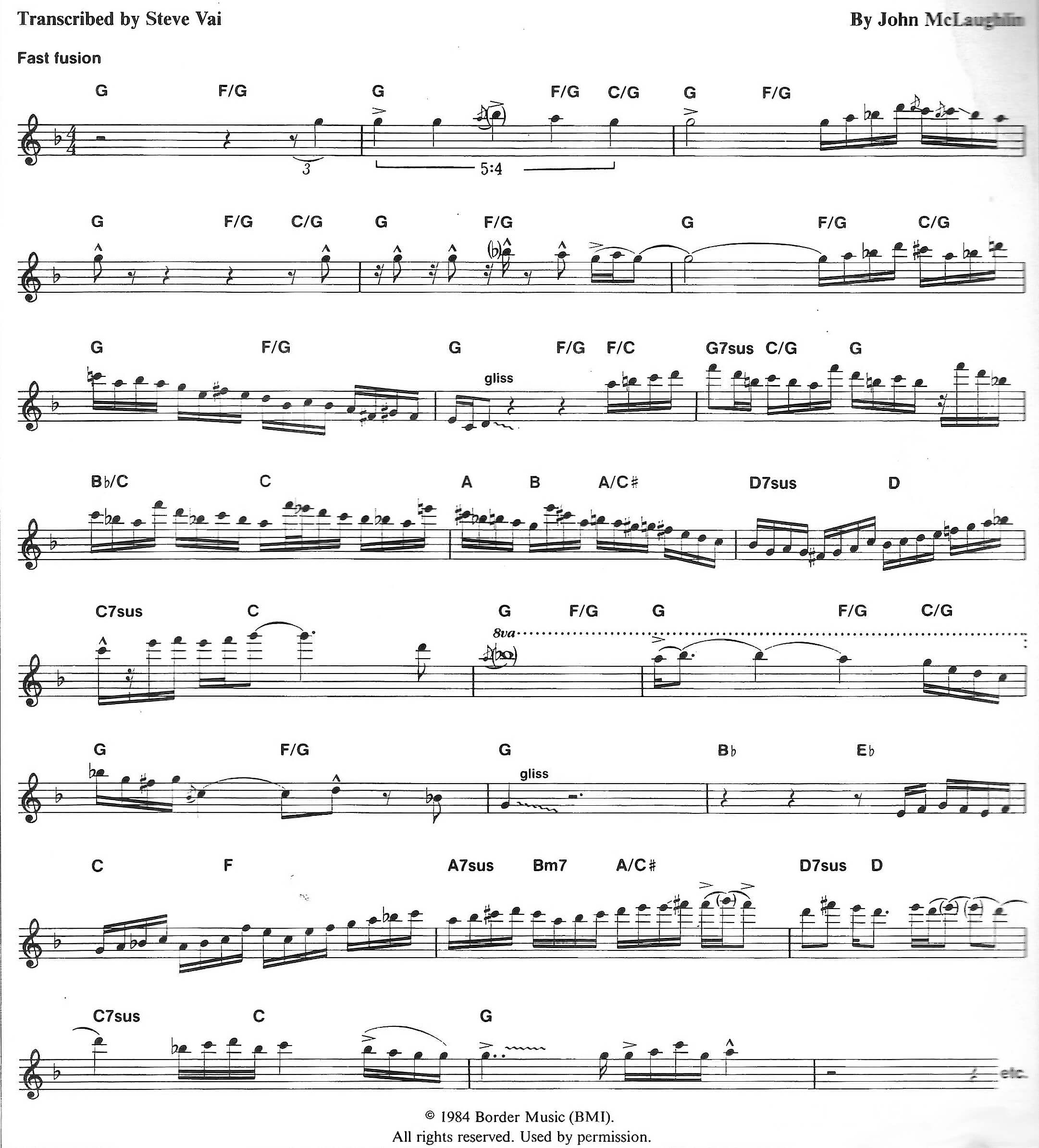 East Side West Side - by John McLaughlin - From the Album Mahavishnu - Transcribed by Steve Vai.